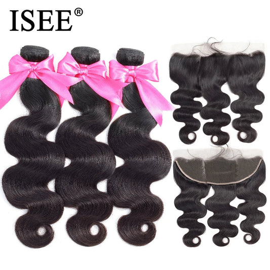 ISEE HAIR Human Hair Bundles With Frontal 13*4 Pre Plucked Lace Frontal Remy Peruvian body Wave Bundles With Frontal