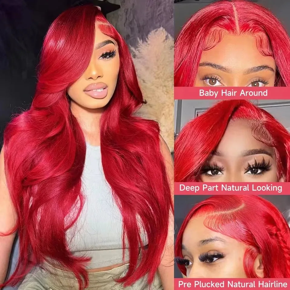 13x6 Lace Frontal Wig Hot Red Body Wave 30 40 Inch 13x6 Lace Front Human Hair Wigs Preplucked Red Colored 4x4 5x5 HD Transparent
