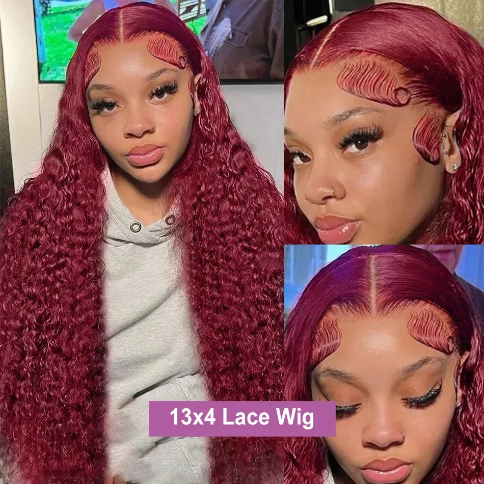 Links 40 Inch 99J Burgundy Deep Wave 13x6 HD Lace Front Wig 250% Red Colored Curly 13x4 Lace Frontal Human Hair Wigs For Women