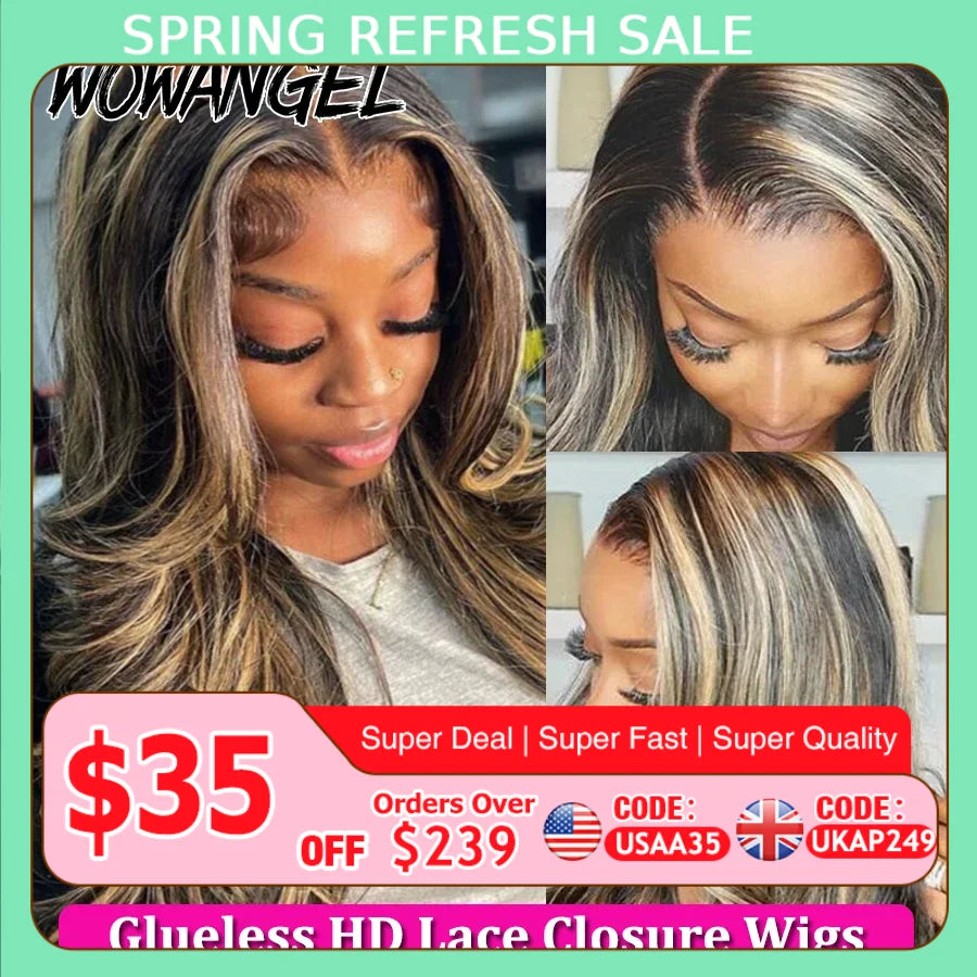 Wow Angel 34inch Highlight Body Wave Wigs 5X5 HD Lace Closure Wig Honey Blonde 250% Glueless Wig Human Hair Ready to Wear Wigs