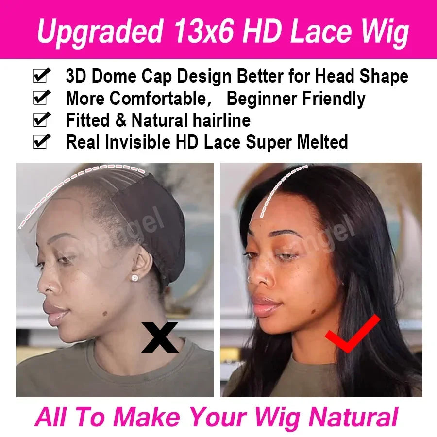 WOWANGEL Jet Black 13X6 HD Lace Frontal Wig Invisible HD Lace Melt Skin Silk Straight  Lace Front Wig Human Hair Wig Deep Part